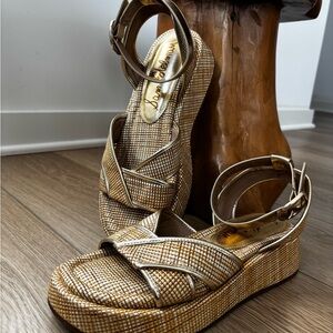Sam Edelman Gold and Tan Woven Platform Sandals